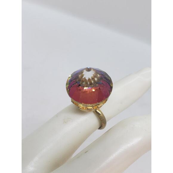 Vintage Rivoli AB Glass Cocktail Ring Gold Tone Adjustable Crown Setting Retro